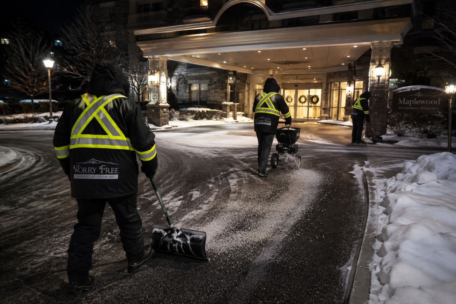 Worry Free crew shovelling and salting a retirement residence entrance overnight