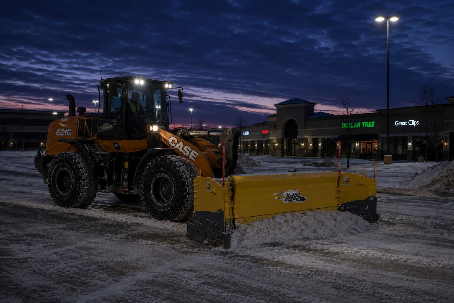 Wheel loader with a box plow clearing a commercial plaza lot before dawn